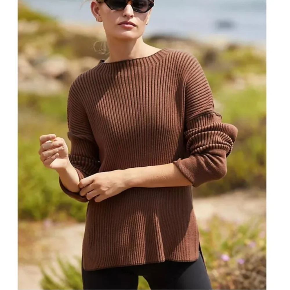 Varley Emile Rib Knit Sweater Rawhide Brown Two-Tone Oversized Size Small - Picture 12 of 12